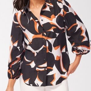 Chico's Satin Long Sleeve Tunic Black White Carmel 12